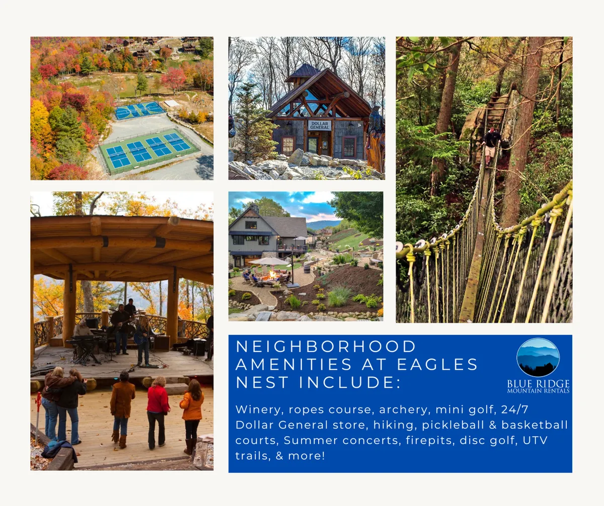 A lively outdoor scene featuring families and groups enjoying a variety of amenities, including a ropes course, mini-golf, and people gathered for live music at a summer concert. The area is surrounded by lush woods, with visible spaces for sports and relaxation like a firepit and pickleball courts, highlighting the vibrant, adventure-filled atmosphere of the Eagles Nest community.
